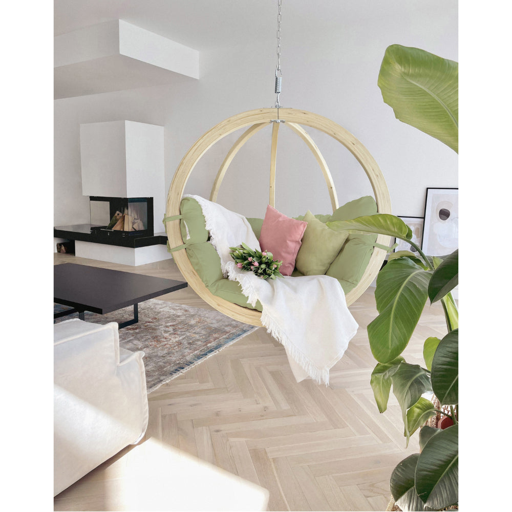 Indoor hanging basket, suspended from ceiling in living area