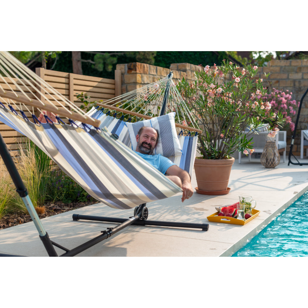 Double hammock with space saving steel stand best sale